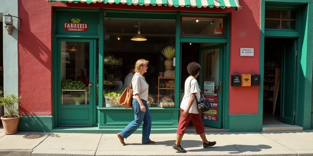 two women walking past a store front with a sign that says farmers market on it's side and a woman w
